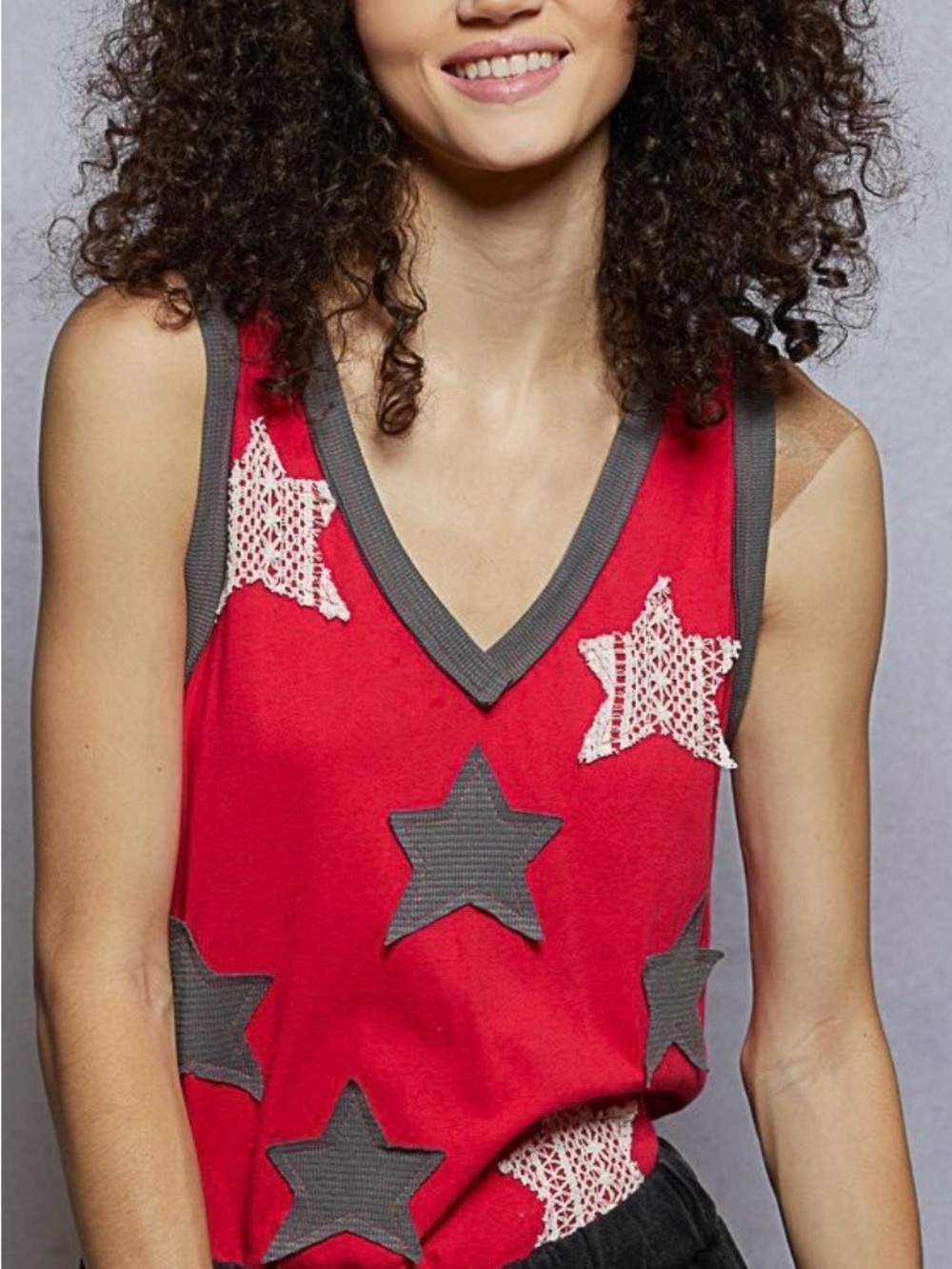 POL Red V-Neck Star Appliqué Tank with Gray Trim